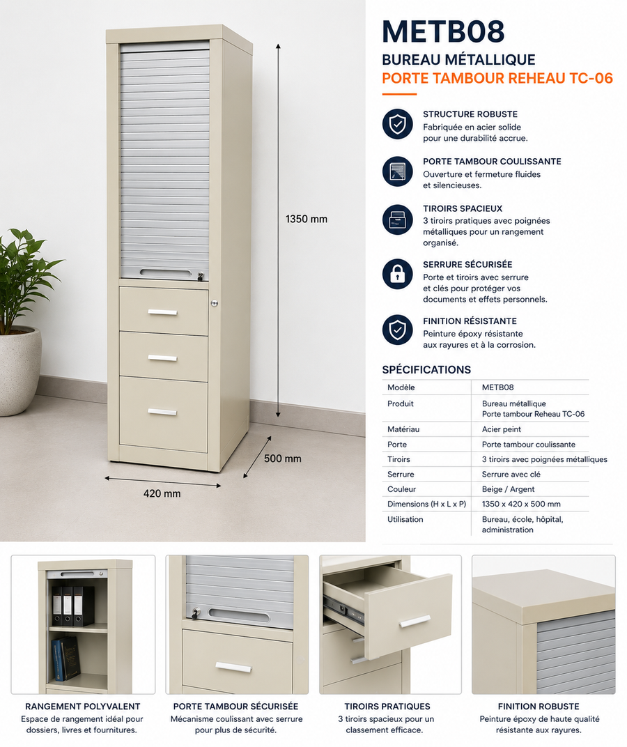 METB08 – Metal Office Tambour Door Cabinet with 3 Drawers (TC-06)