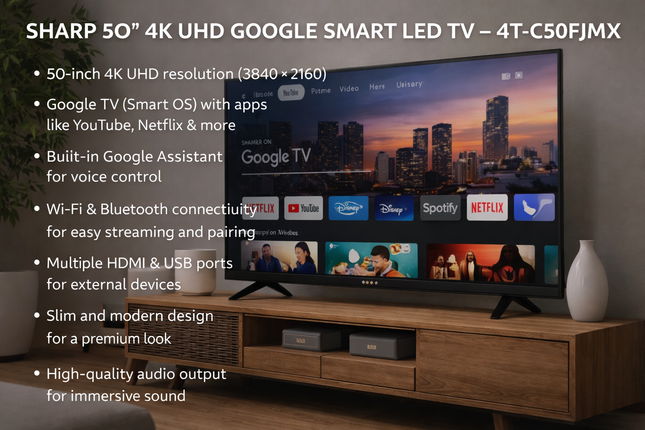 T.V SHARP 50" 4K UHD GOOGLE SMART LED TV – 4T-C50FJ1MX
