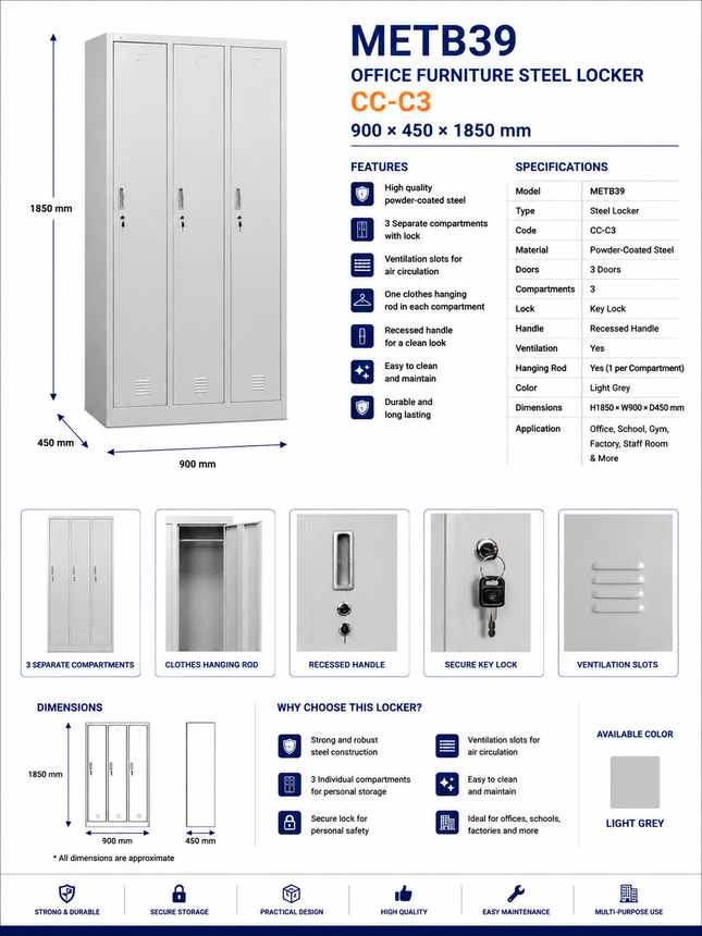 METB39 – 3 Door Steel Locker