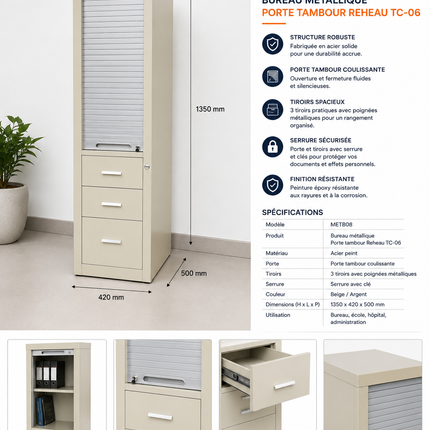 METB08 – Metal Office Tambour Door Cabinet with 3 Drawers (TC-06)