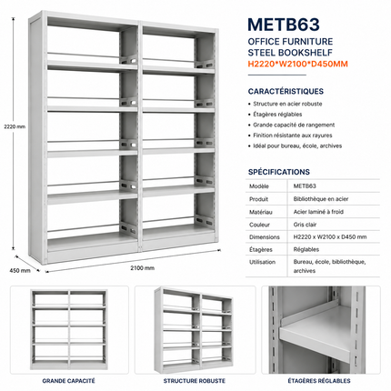 METB63 – Heavy Duty Steel Bookshelf (H2220 × W2100 × D450 mm)