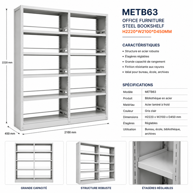 METB63 – Heavy Duty Steel Bookshelf (H2220 × W2100 × D450 mm)