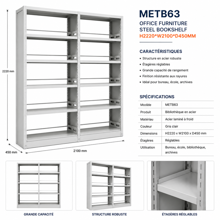 METB63 – Heavy Duty Steel Bookshelf (H2220 × W2100 × D450 mm)