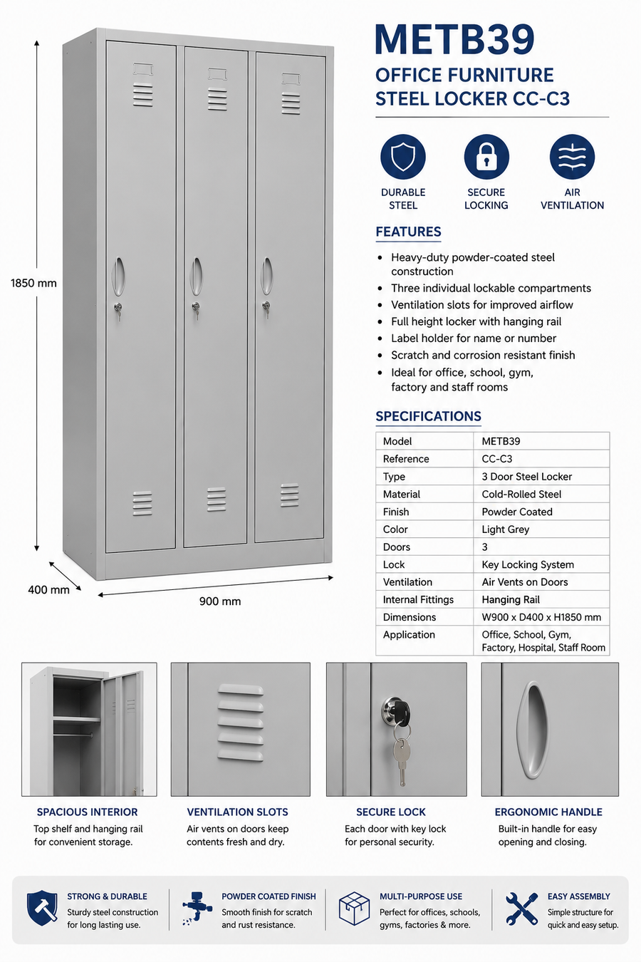 METB39 – 3 Door Steel Locker (CC-C3)