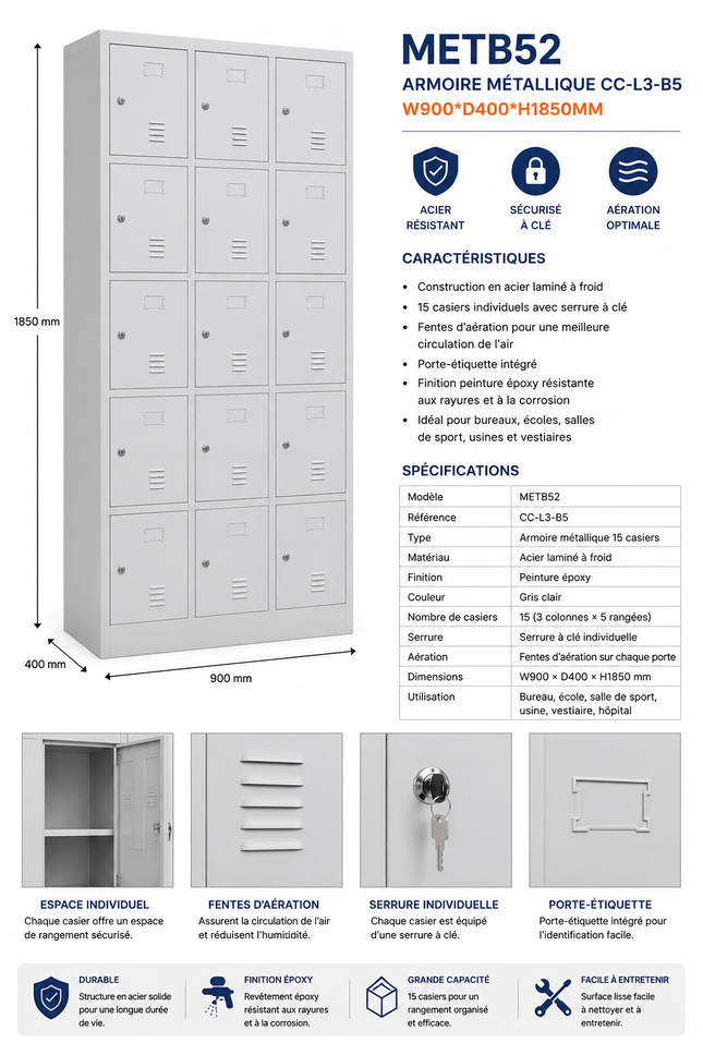 METB52 – 15 Door Steel Locker Cabinet (CC-L3-B5)