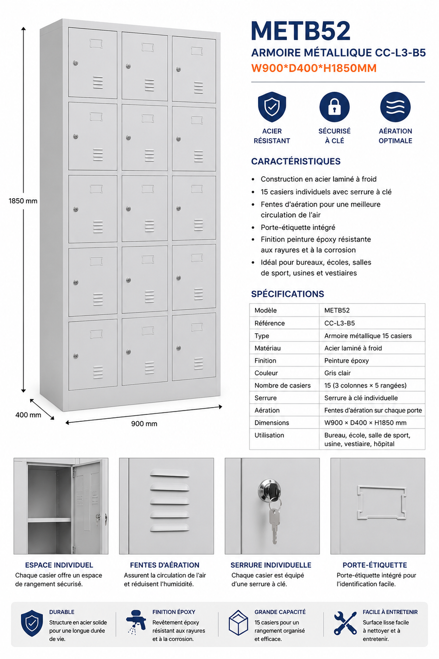 METB52 – 15 Door Steel Locker Cabinet (CC-L3-B5)
